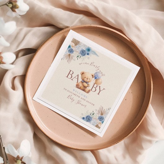 可愛いテディベア2気球ブルー花 スタンダードカクテルナプキン