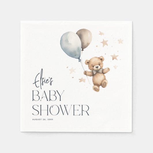 可愛いテディベア&バルーン男の子ベイビーシャワー スタンダードカクテルナプキン (正面)
