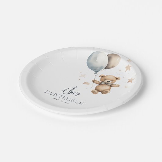可愛いテディベア&バルーン男の子ベイビーシャワー ペーパープレート (アングル)