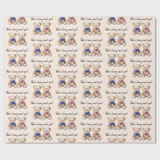 可愛いテディベア，女の子と男の子ツインベビーシャワー ラッピングペーパー (フラット)