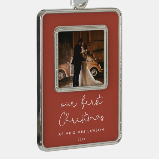 可愛いテラコッタ私たちの初めてのクリスマス写真 シルバープレートフレームオーナメント (右)