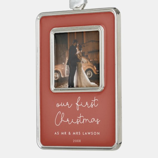 可愛いテラコッタ私たちの初めてのクリスマス写真 シルバープレートフレームオーナメント (左)