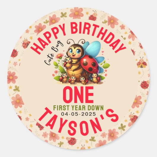 可愛いテントウムシの1歳の誕生日 | 虫のテーマパーティー ラウンドシール (正面)