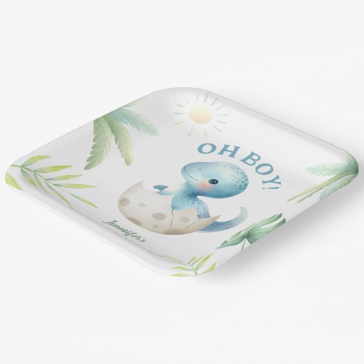 可愛いディノオ男の子の恐竜の赤ちゃんシャワー ペーパープレート (傾斜あり)