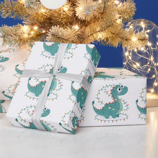 可愛いディノクリスマスライトキッズ&ボーイ ラッピングペーパー (クリスマス)