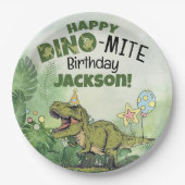 可愛いディノマイトキッズネーム恐竜の誕生日パーティー ペーパープレート (正面)