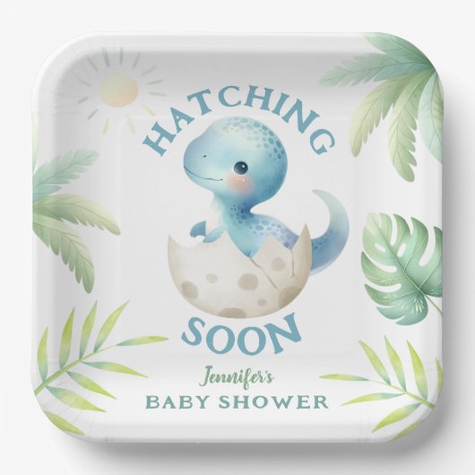 可愛いディノ男の子の恐竜の赤ちゃんシャワー ペーパープレート (正面)