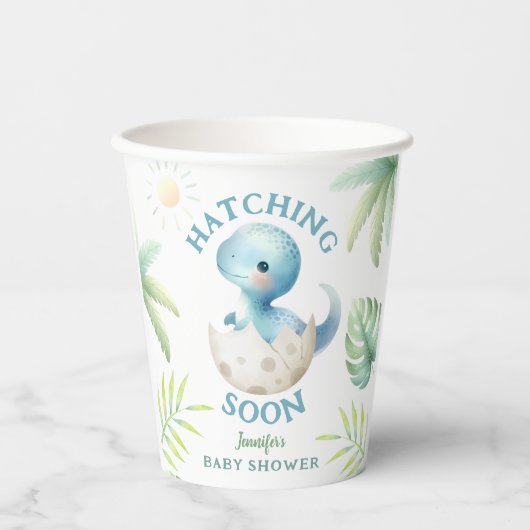 可愛いディノ男の子の恐竜の赤ちゃんシャワー 紙コップ (正面)