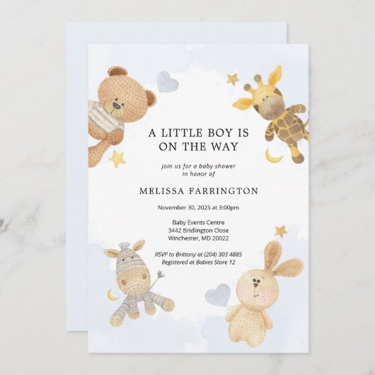 可愛いトイパステルブルーかわいいベビーシャワー招待状 招待状 (正面/裏面)