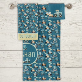可愛いトラクターパターン青い名車 バスタオルセット