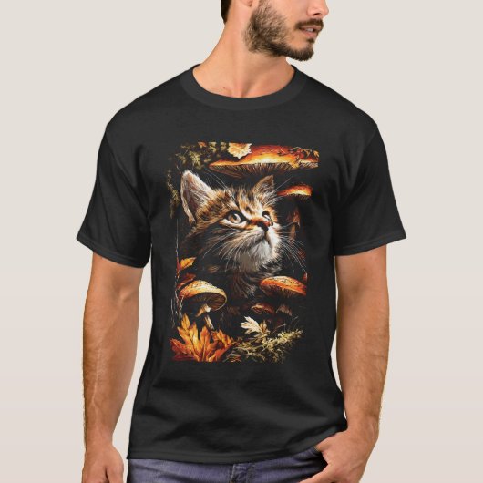 可愛いトラ猫と落ち葉 きのこ 秋 Tシャツ (正面)