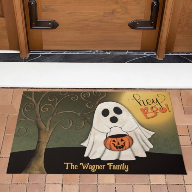 可愛いトリーター幽霊ハロウィンカスタマイズ ドアマット (Cute hey boo, personalize ghost, inspirivity doormat
)