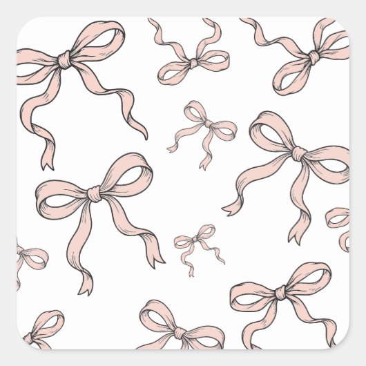 可愛いトレンディーピンクのリボン弓(黒で縁取り) スクエアシール (正面)