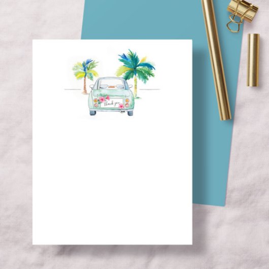 可愛いトロピカルパームツリー&カーウォーターカラー サンキューカード