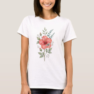 可愛いトンボハイビスカス水彩ガーデン Tシャツ