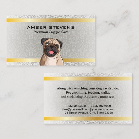 可愛いドギー・パグ | ダマスクパターン 名刺 (正面/裏面)