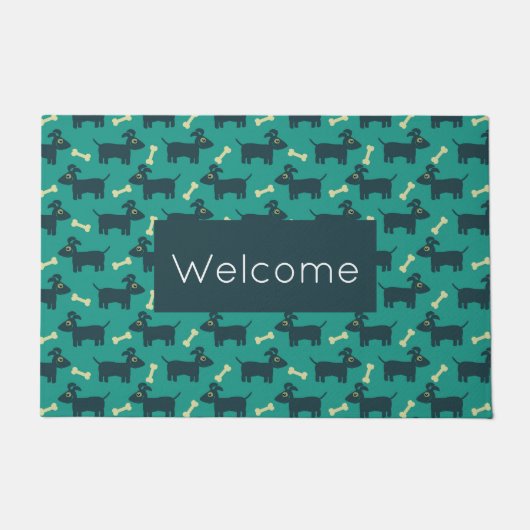 可愛いドッグパターンとフロッピーイヤー&ボーンウェルカム ドアマット (正面)