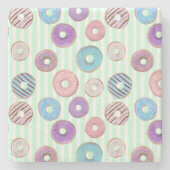 可愛いドナッツグリーンパステルストライプパスタイル ストーンコースター (正面)