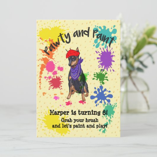 可愛いドバーマンドッグおもしろいアート誕生日パーティー 招待状 (スタンド正面)