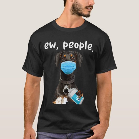 可愛いドベルマンドッグ新しい人々顔マスを着て犬 Tシャツ (正面)