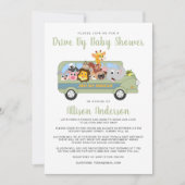 可愛いドライブバイベビーシャワー動物サファリバスグリーン 招待状 (正面)