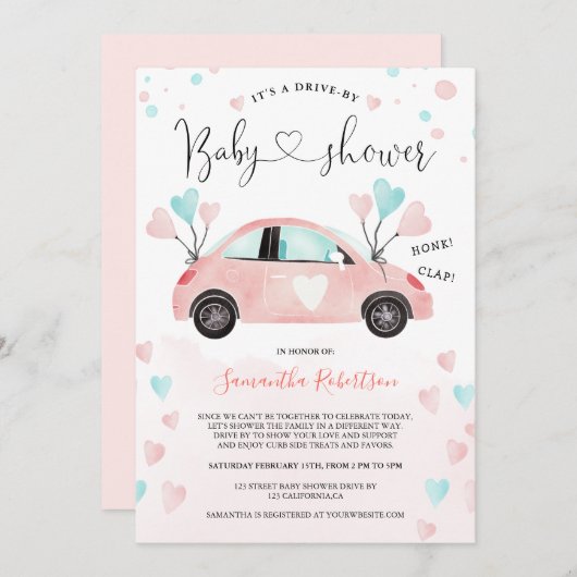 可愛いドライブ赤ちゃんシャワー車の水カラーハート 招待状 (正面/裏面)