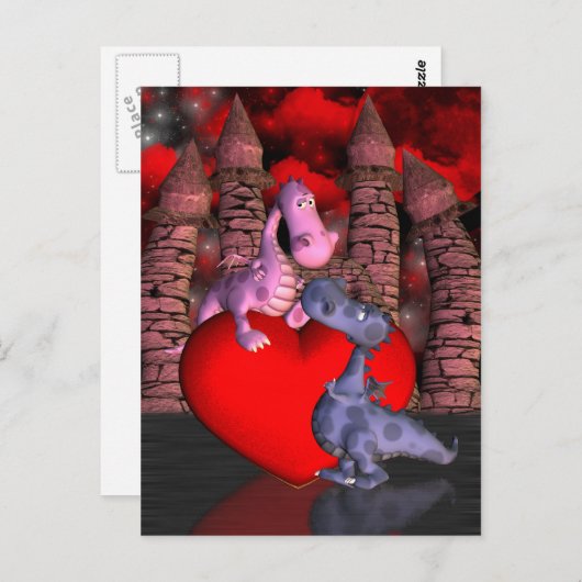 可愛いドラゴンが2つ、1つはハート上の1つは上を見上げる ポストカード (正面/裏面)