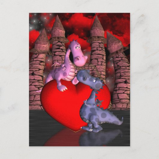 可愛いドラゴンが2つ、1つはハート上の1つは上を見上げる ポストカード (正面)