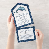 可愛いドルフィン航海のネイビーブルーベビーシャワー オールインワン招待状 (貼ってはがせる)