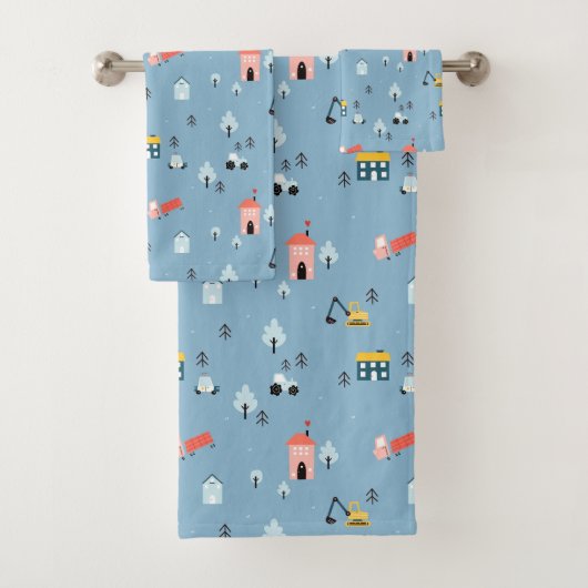 可愛いドードルタウンシーンパターン バスタオルセット (インサイチュ)