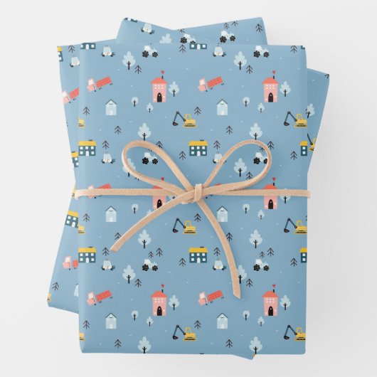 可愛いドードルタウンシーンパターン ラッピングペーパーシート (インサイチュ)