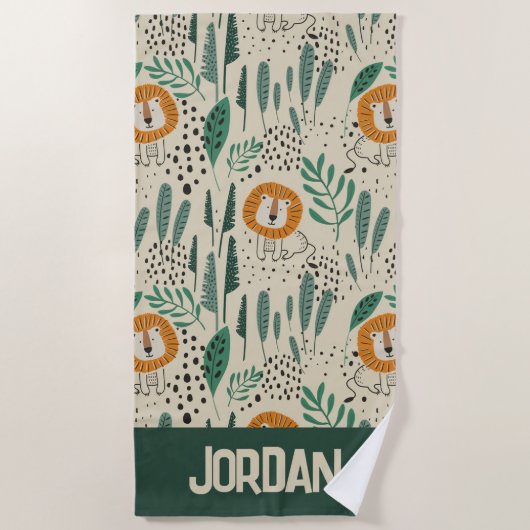 可愛いドードルライオンジャングル雨林パターン ビーチタオル (正面)