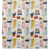 可愛いドードル手描き猫柄 シャワーカーテン (正面)