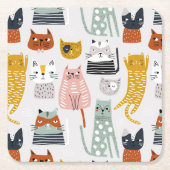 可愛いドードル手描き猫柄 スクエアペーパーコースター (正面)