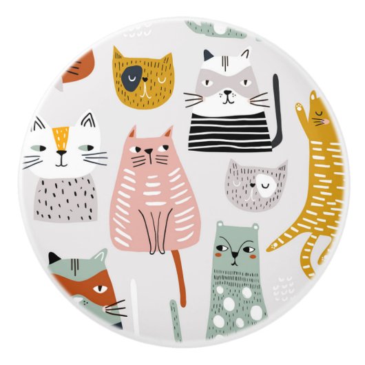 可愛いドードル手描き猫柄 セラミックノブ (正面)