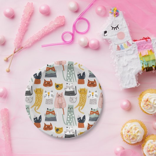 可愛いドードル手描き猫柄 ペーパープレート (パーティー)