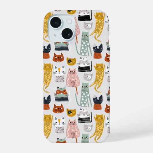 可愛いドードル手描き猫柄 iPhone 15ケース (裏面)