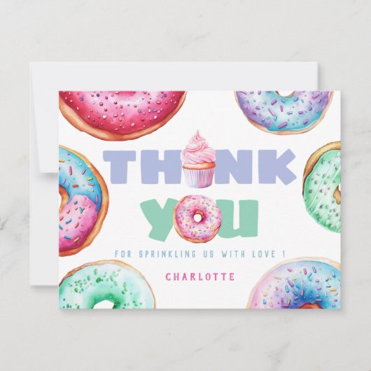 可愛いドーナツ女の子カスタムの子供の誕生日写真 サンキューカード (正面)