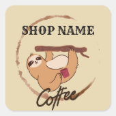 可愛いナマケモノのコーヒーお茶カスタムの店名 スクエアシール (正面)