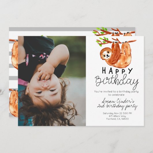 可愛いナマケモノの子供の誕生日の写真の招待状 招待状 (正面/裏面)