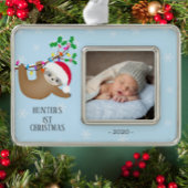 可愛いナマケモノ初めてのクリスマス写真 シルバープレートフレームオーナメント