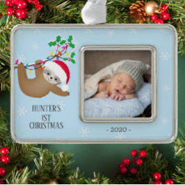 可愛いナマケモノ初めてのクリスマス写真 シルバープレートフレームオーナメント