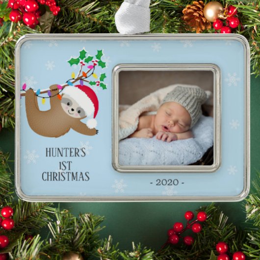 可愛いナマケモノ初めてのクリスマス写真 シルバープレートフレームオーナメント