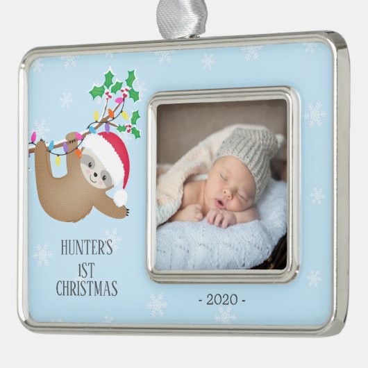 可愛いナマケモノ初めてのクリスマス写真 シルバープレートフレームオーナメント