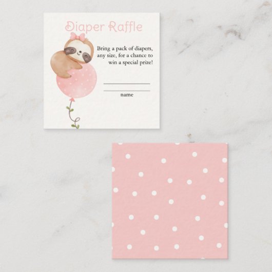 可愛いナマケモノ女の子ベビシャワーオムツラッフル エンクロージャーカード (正面/裏面)