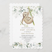 可愛いナマケモノ風通しの緑の金ゴールド赤ちゃんシャワー 招待状 (正面/裏面)