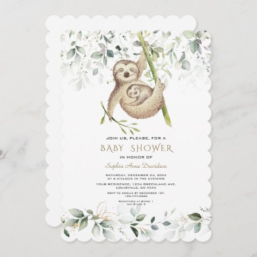 可愛いナマケモノ風通しの緑の金ゴールド赤ちゃんシャワー 招待状 (正面/裏面)