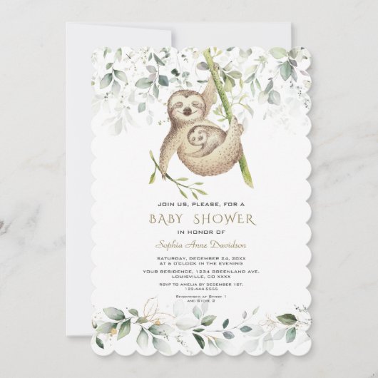 可愛いナマケモノ風通しの緑の金ゴールド赤ちゃんシャワー 招待状 (正面)