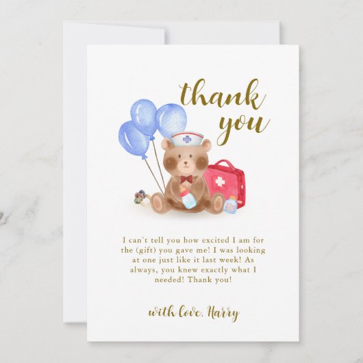 可愛いナースドクターテディベアバルーンベビーシャワー サンキューカード (正面)