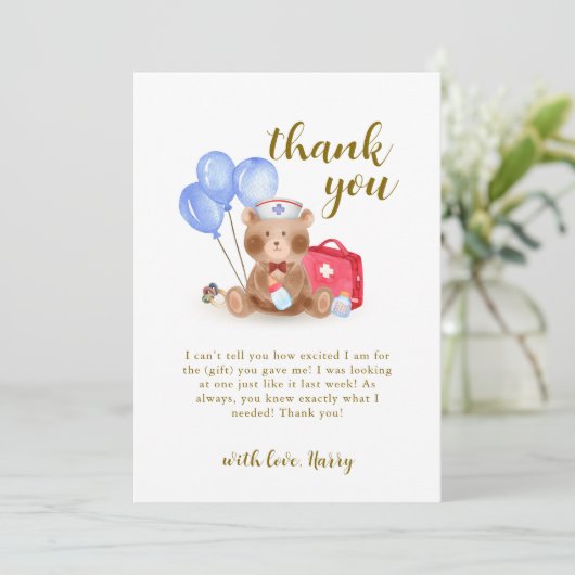 可愛いナースドクターテディベアバルーンベビーシャワー サンキューカード (スタンド正面)